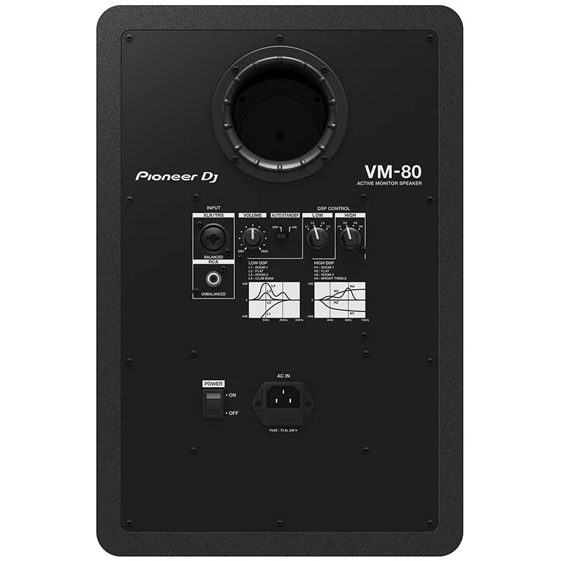 Monitor Activo Pioneer DJ VM-80 vista trasera conexiones y controles amplificador color negro