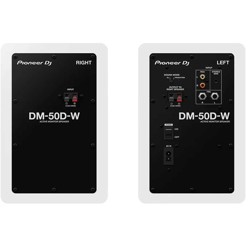 Monitores de estudio activos Pioneer DJ DM-50D vista pareja parte trasera conexiones color blanco