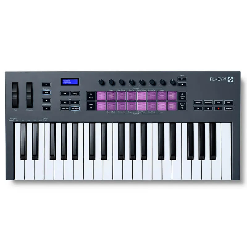 Teclado controlador midi Novation FLKEY 37 vista cenital con todas las teclas en color morado