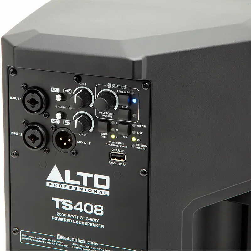 Altavoz autoamplificado Alto TS408 vista panel trasero conexiones detalle