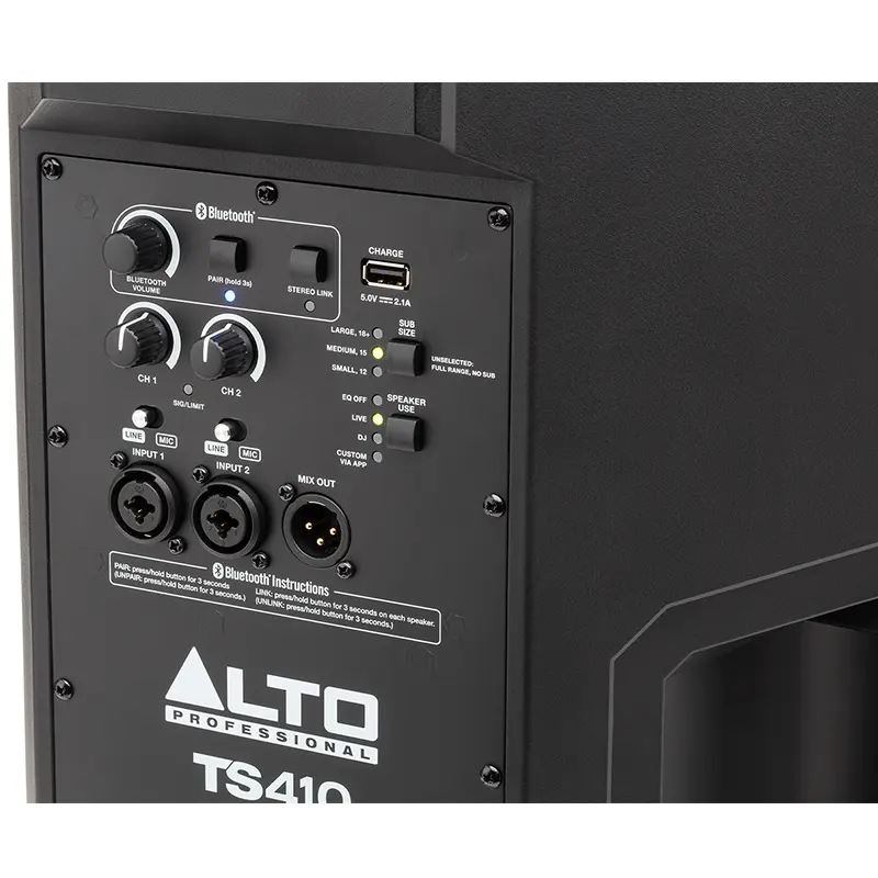 Altavoz autoamplificado Alto TS410 vista trasera panel de conexiones detalle