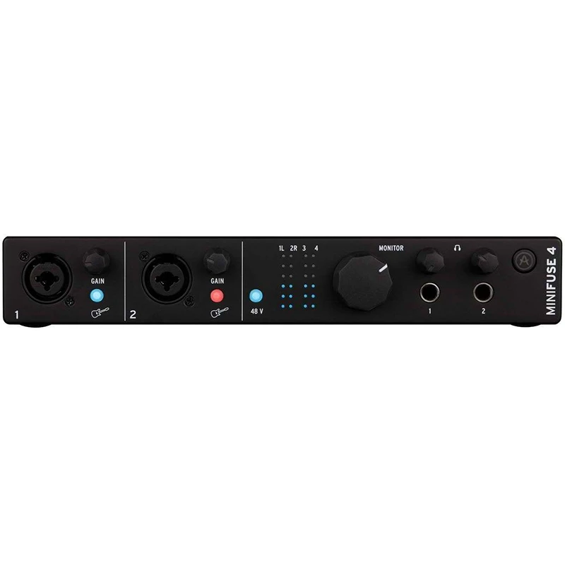 Interfaz de audio Arturia Minifuse 4 vista frontal de una unidad en color negro