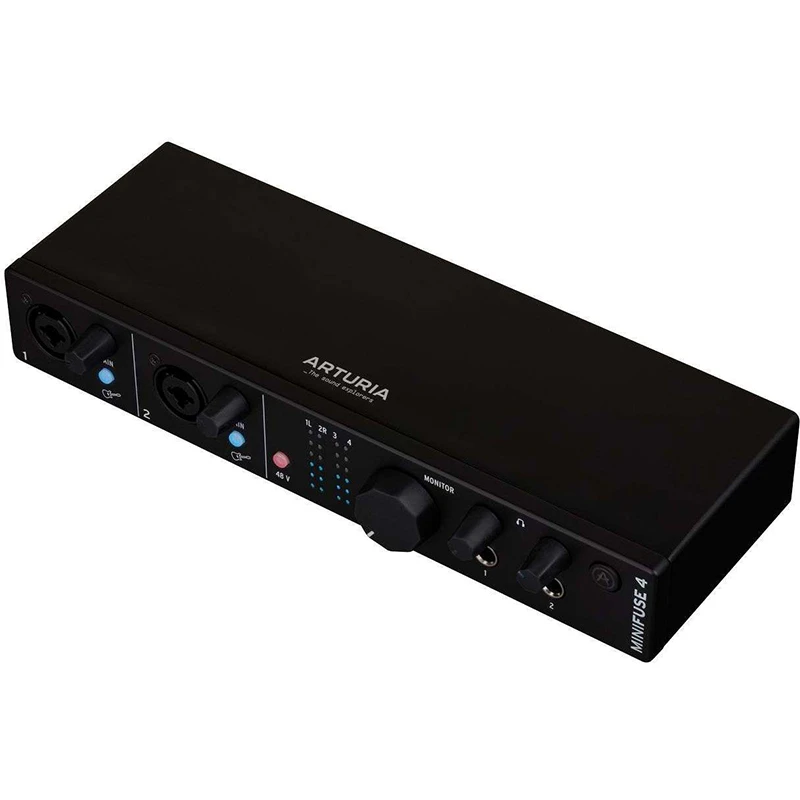 Interfaz de audio Arturia Minifuse 4 vista frontal lateral de una unidad en color negro