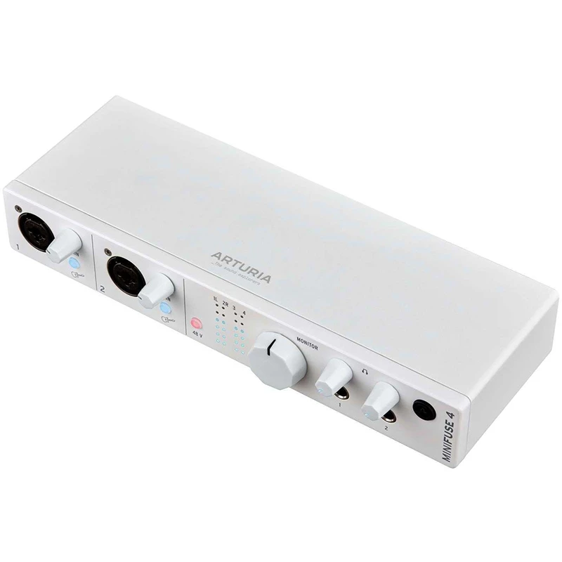 Interfaz de audio Arturia Minifuse 4 vista frontal lateral de una unidad en color blanco