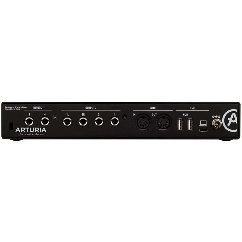 Interfaz de audio Arturia Minifuse 4 vista parte trasera de conexiones de una unidad en color negro