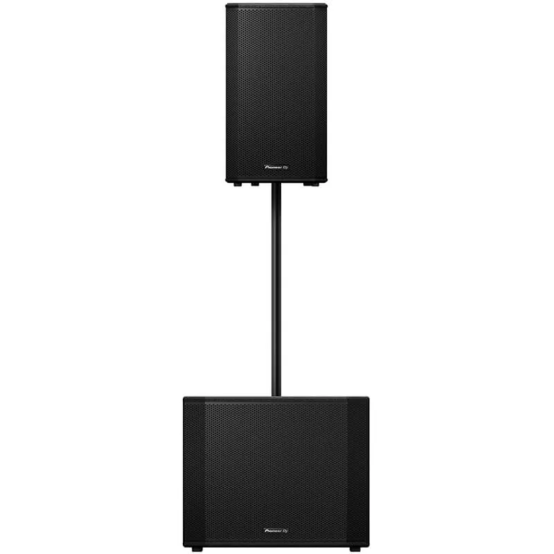 Altavoz autoamplificado Pioneeer DJ XPRS102 vista set 1 sobre un subwoofer