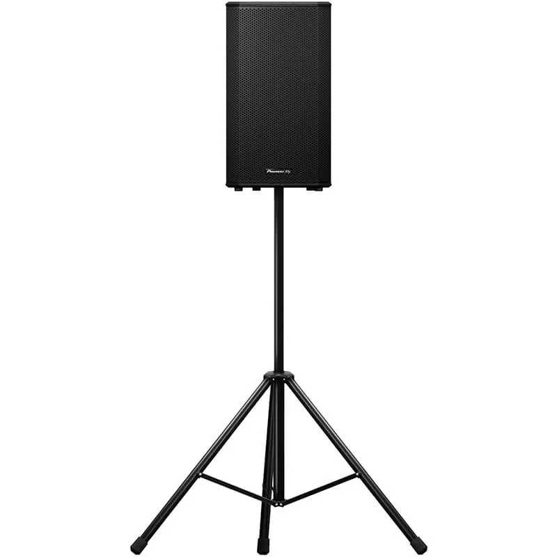 Altavoz autoamplificado Pioneeer DJ XPRS102 vista set 2 montado en un stand de suelo