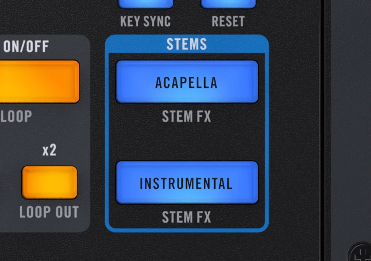 Controlador DJ Rane Four - Botones dedicados instrumentales acapella vista cenital de los stems acapella e instrumental con leds en color azul