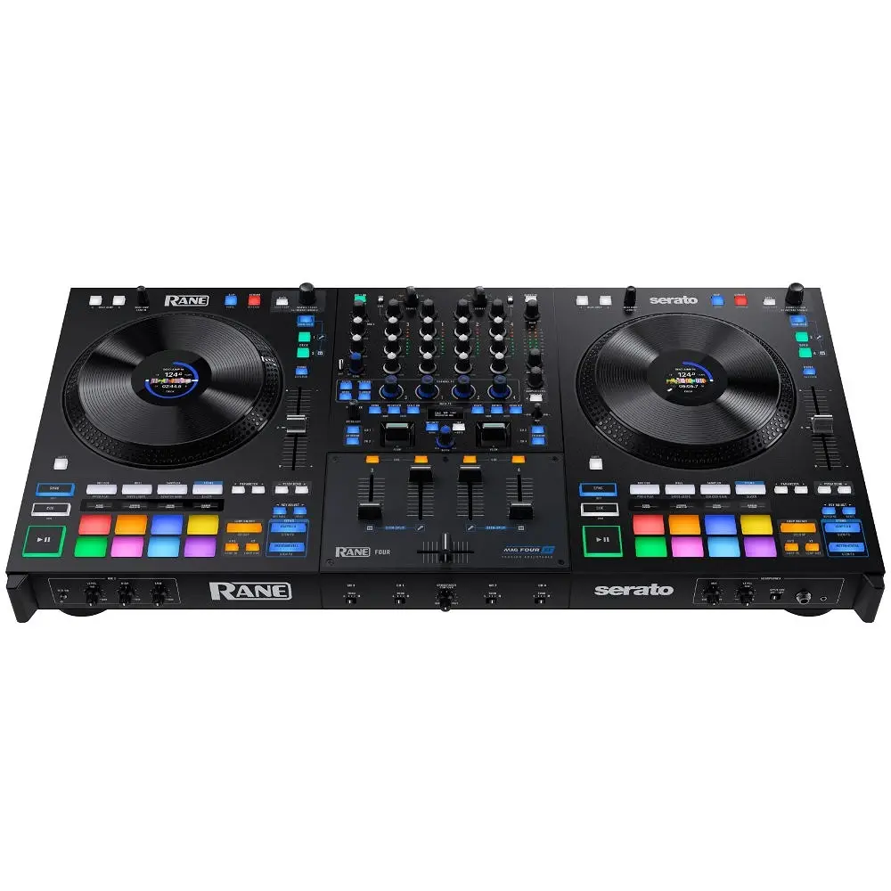 Controlador DJ Rane Four de 4 canales vista frontal cenital inclinada