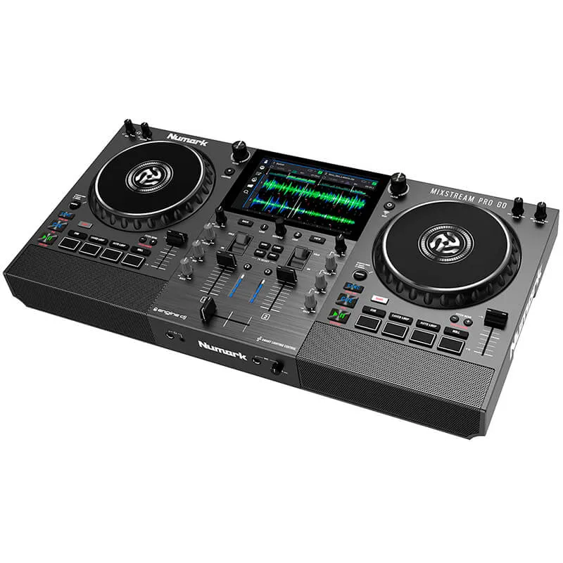 Controlador DJ Numark Mixstream Go Pro vista lateral 3D