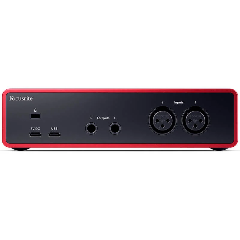 Interfaz de audio USB Focusrite Scarlett 2i2 4TH GEN vista trasera panel de conexiones