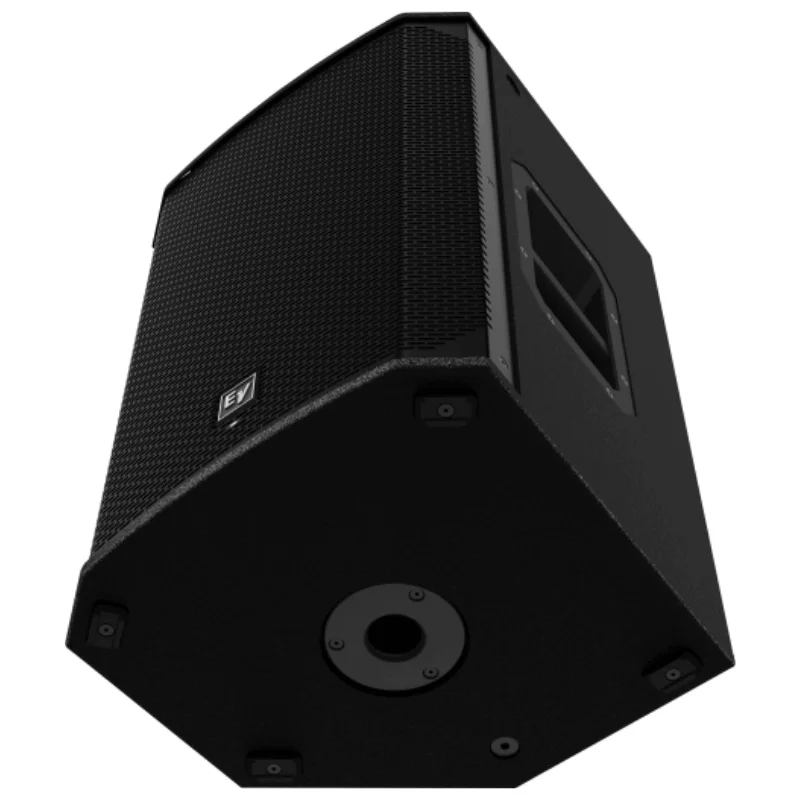 Altavoz autoamplificado Electro Voice EKX 15P vista desde abajo de la caja. Como si estuviera en altura. Se ve el vaso inferior, toda la parte frontal y un lateral