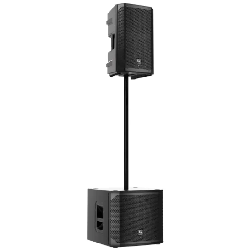 Altavoz autoamplificado Electro Voice ELX200 10P montado sobre un soporte y el soporte sujeto a un subwoofer activo de la misma serie ELX200.