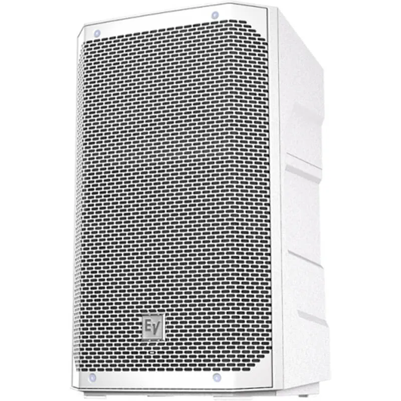 Altavoz autoamplificado Electro Voice ELX200 12P en color blanco vista de la parte delantera y de una de sus laterales.