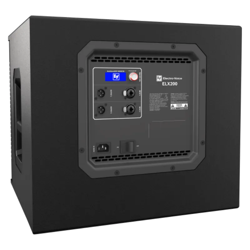 Subwoofer autoamplificado Electro Voice ELX200 12SP vista de la parte trasera y de los controles del módulo de auto amplificación.