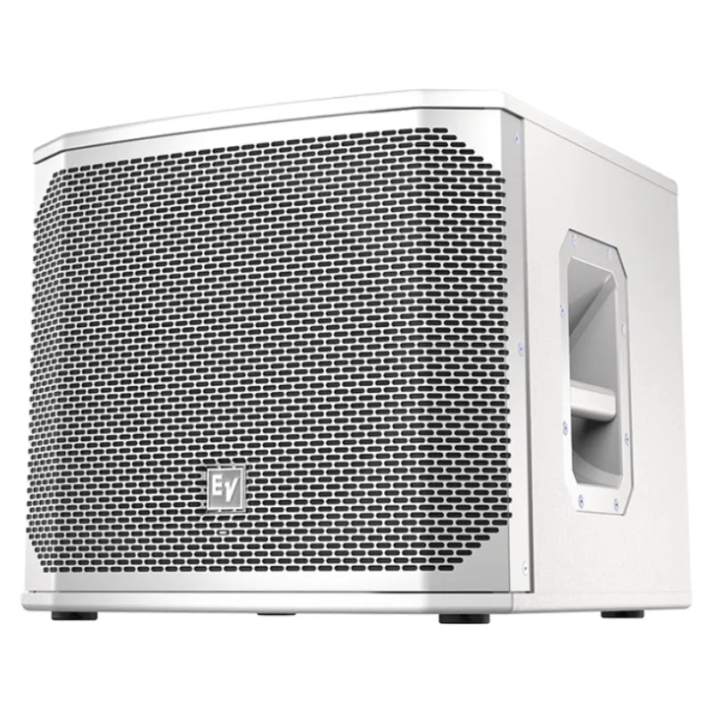 Subwoofer autoamplificado Electro Voice ELX200 12SP en color blanco vista de la parte delantera y de uno de sus laterales.