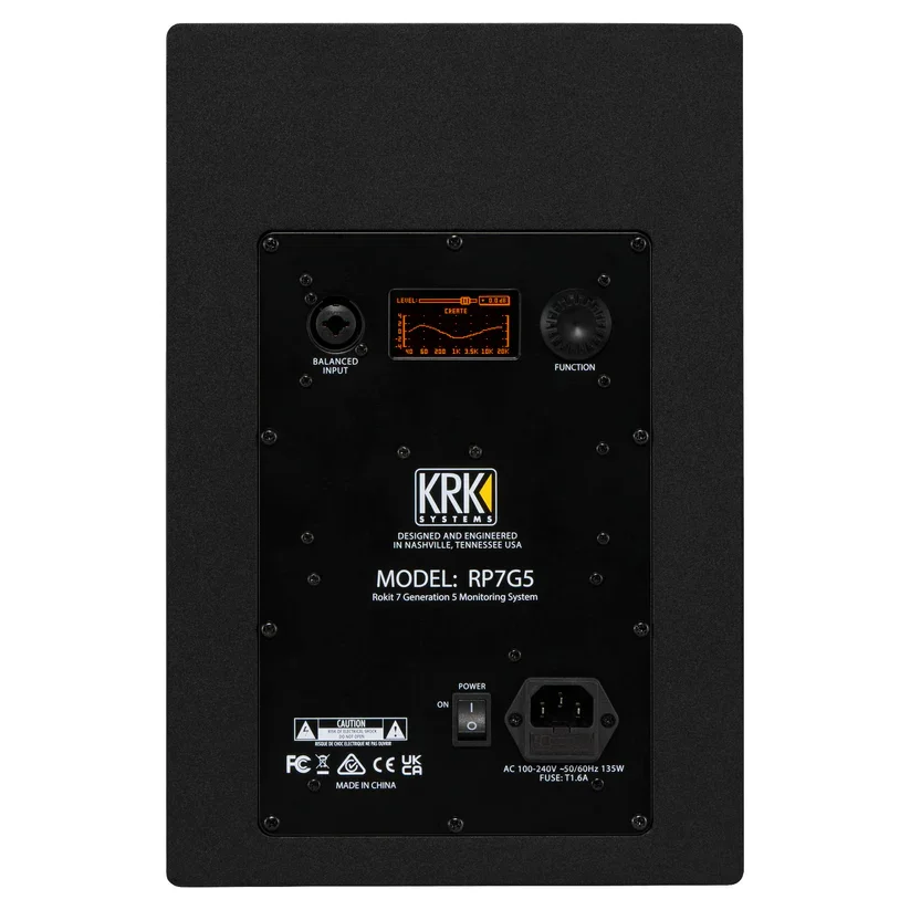 Monitor de estudio activo KRK RP7G5 vista trasera con el módulo de amplificación y sus controles
