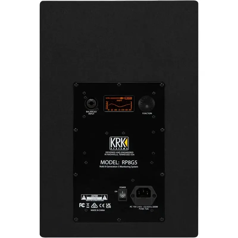 Monitor de estudio activo KRK RP8G5 vista trasera con el módulo de amplificación y sus controles