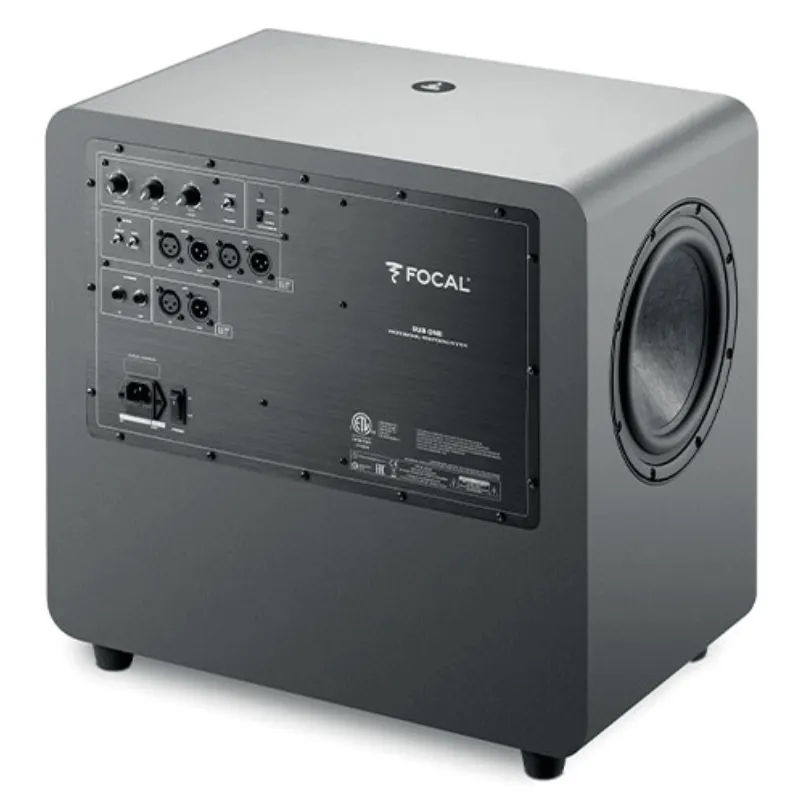Imagen lateral con la parte del amplificador y delantera Subwoofer amplificado Focal Alpha Sub One