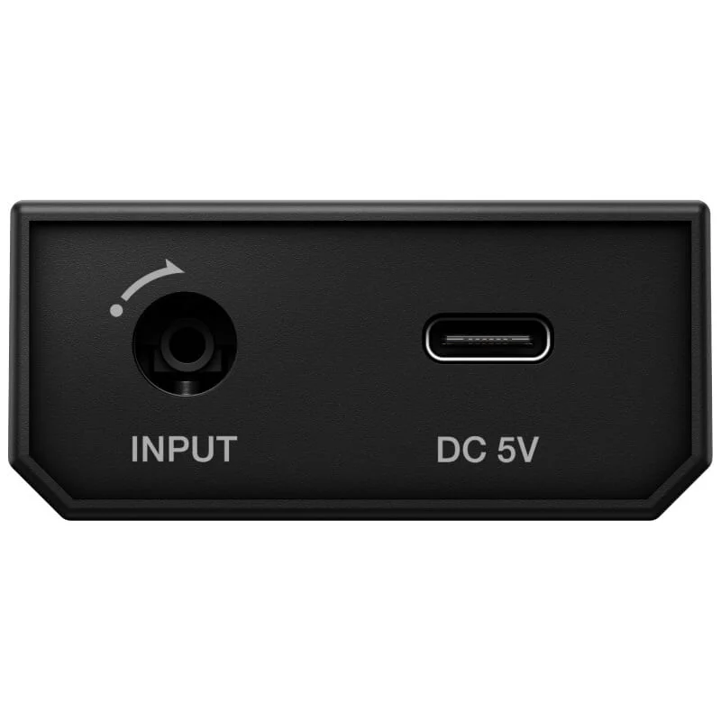 AlphaTheta HP-TX01 transmisor para auriculares de DJ inalámbricos profesionales vista lateral puertos de conexión