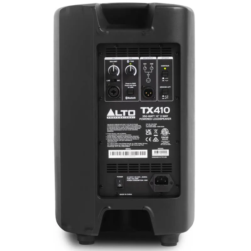Altavoz autoamplificado Alto Professional TX410 vista trasera panel de conexiones.