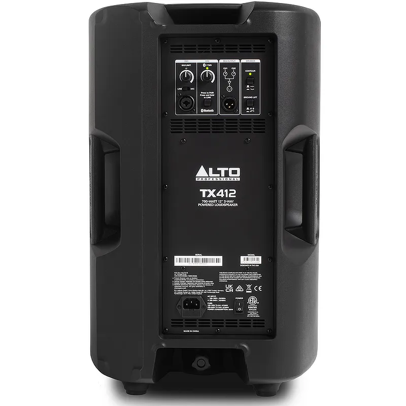 Altavoz autoamplificado Alto Professional TX412 vista del panel de conexiones traseras.