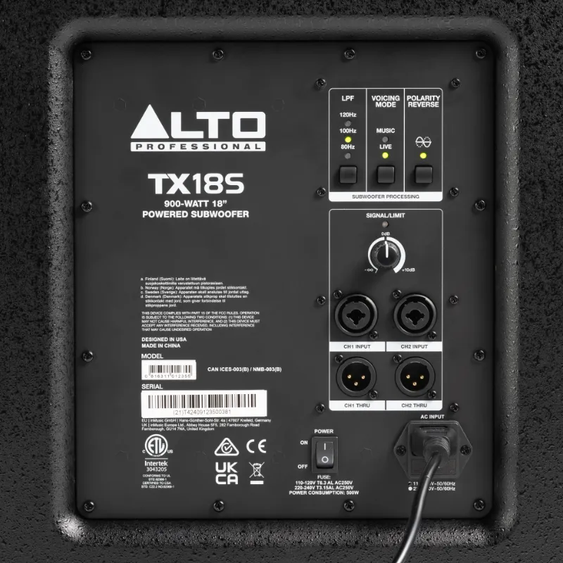 Subwoofer autoamplificado Alto Professional TX18S vista trasera panel de conexiones