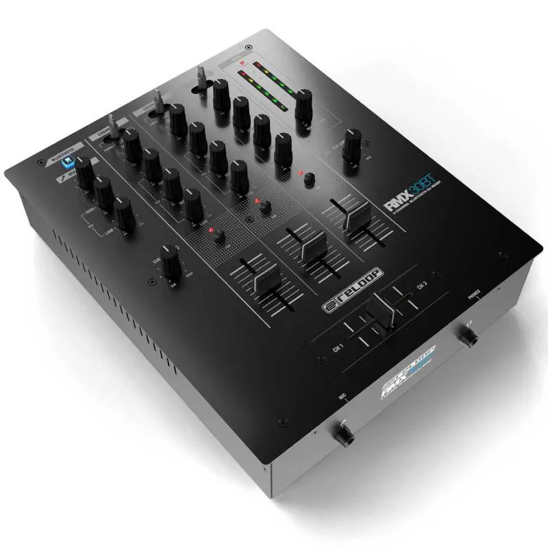 Mezclador DJ RELOOP RMX-30 BT vista cenital en ángulo.