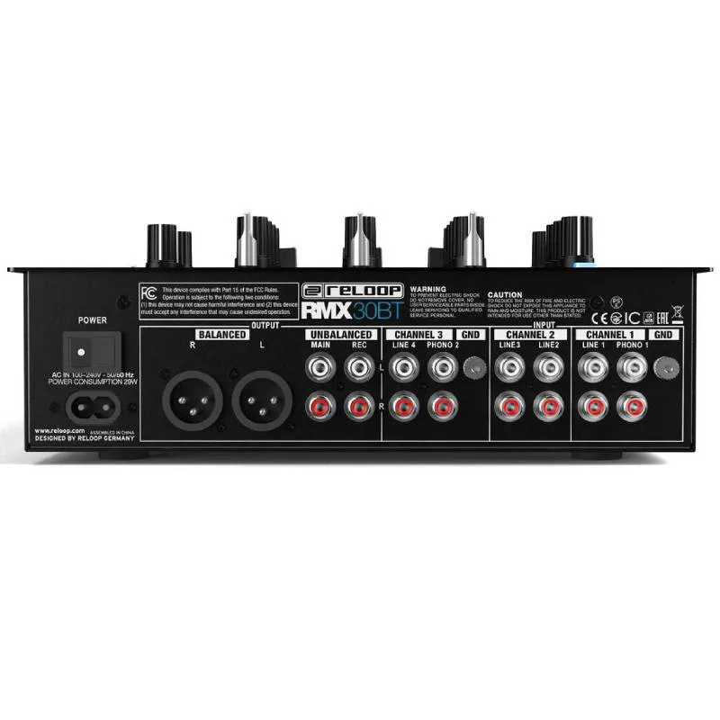 Mezclador DJ RELOOP RMX-30 BT vista del panel trasero de conexiones.