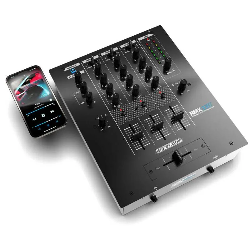 Mezclador DJ RELOOP RMX-30 BT vista cenital en ángulo junto a un smartphone conectado por bluetooth