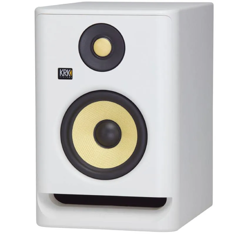 Monitor estudio activo KRK RP5G5 en color blanco vista semi lateral.