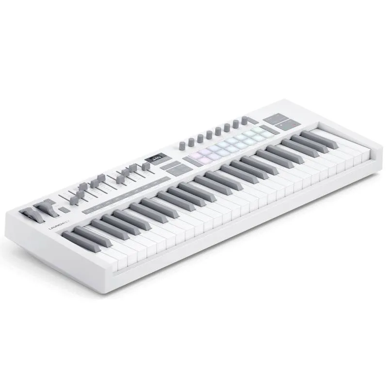 Teclado Midi Novation LAUNCHKEY 49MK4 en color blanco vista lateral cenital.