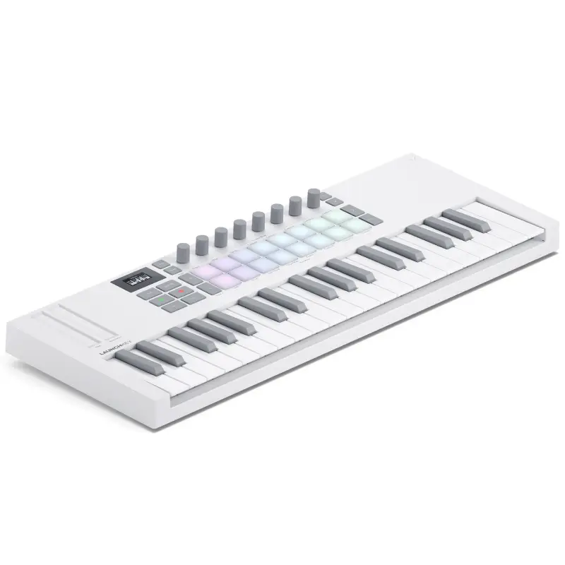 Teclado Midi Novation LAUNCHKEY MINI37MK4 en color blanco vista lateral cenital.
