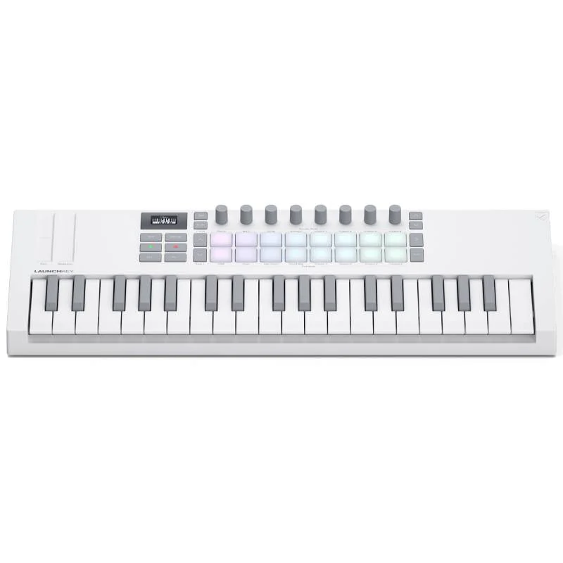 Teclado Midi Novation LAUNCHKEY MINI37MK4 en color blanco vista frontal.