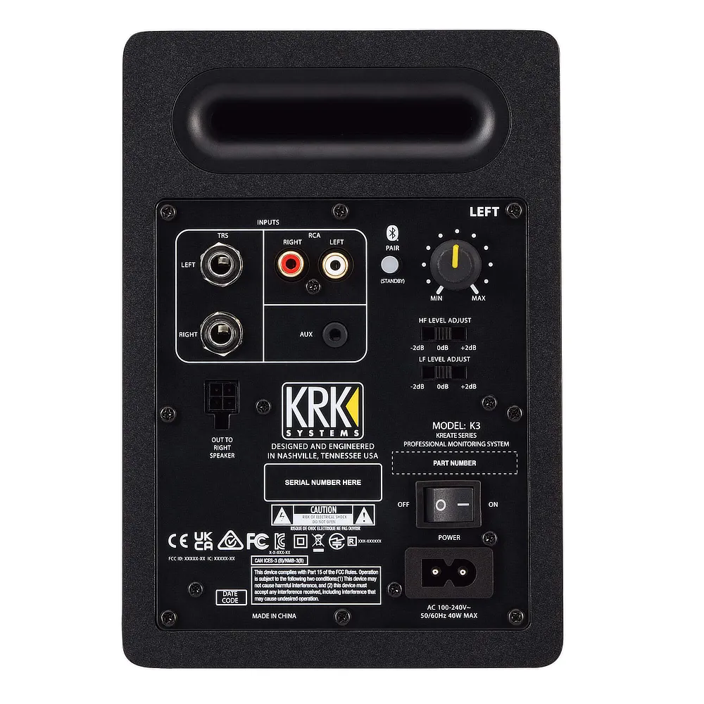 Monitor estudio KRK KREATE K3 BT vista trasera conexiones.