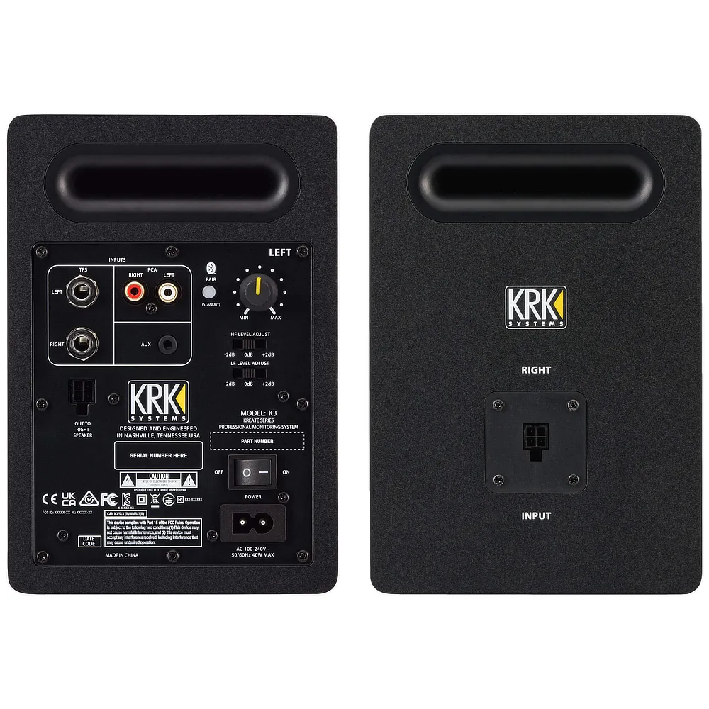 Monitor estudio KRK KREATE K3 BT vista trasera conexiones de la pareja de monitores.