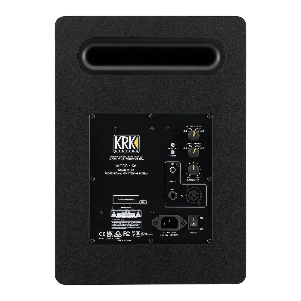 Monitor estudio KRK KREATE K8 BT vista trasera conexiones.