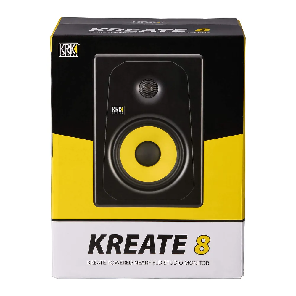 Monitor estudio KRK KREATE K8 BT vista caja exterior frontalmente.