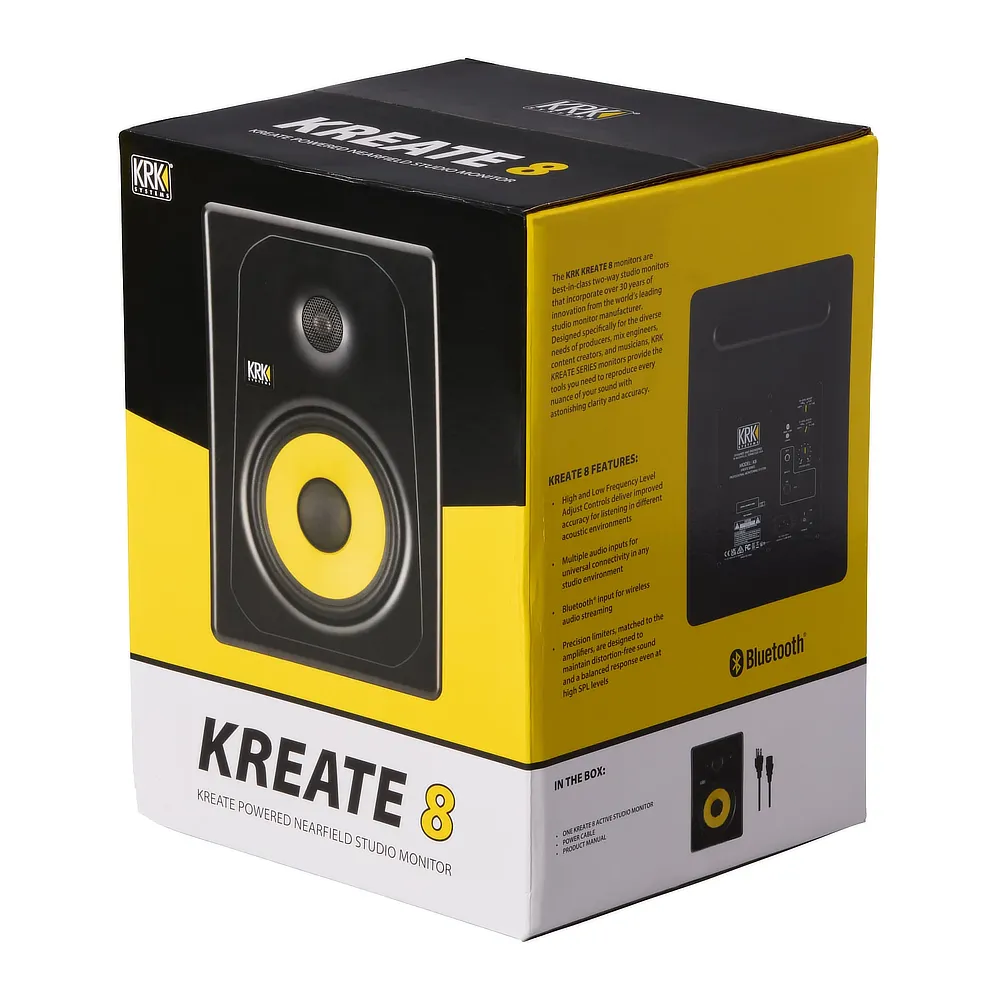 Monitor estudio KRK KREATE K8 BT vista caja exterior lateralmente.