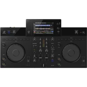 Vista superior de la AlphaTheta XDJ-AZ, controlador DJ autónomo de cuatro canales con pantalla táctil central, jog wheels y mezclador integrado.