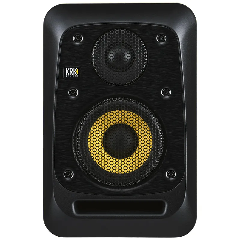 Plano frontal directo del monitor de estudio profesional KRK V-Series V8S5 con rejillas protectoras metálicas de rejilla fina sobre el tweeter y el woofer amarillo.