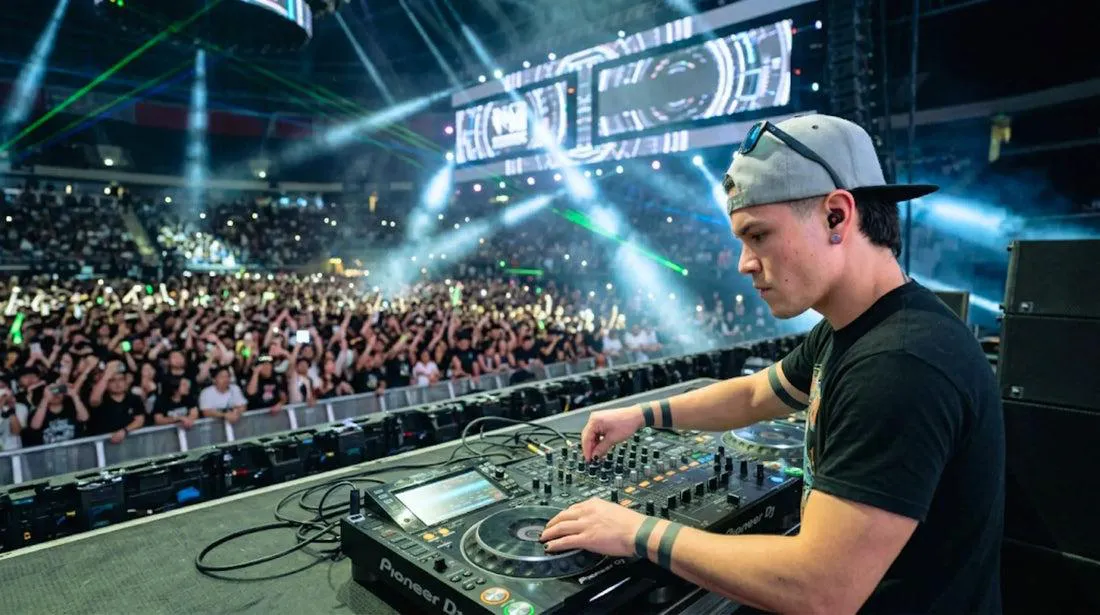 DJ actuando en un escenario frente a una multitud en un festival, utilizando tapones de protección auditiva Alpine mientras manipula un reproductor Pioneer DJ.
