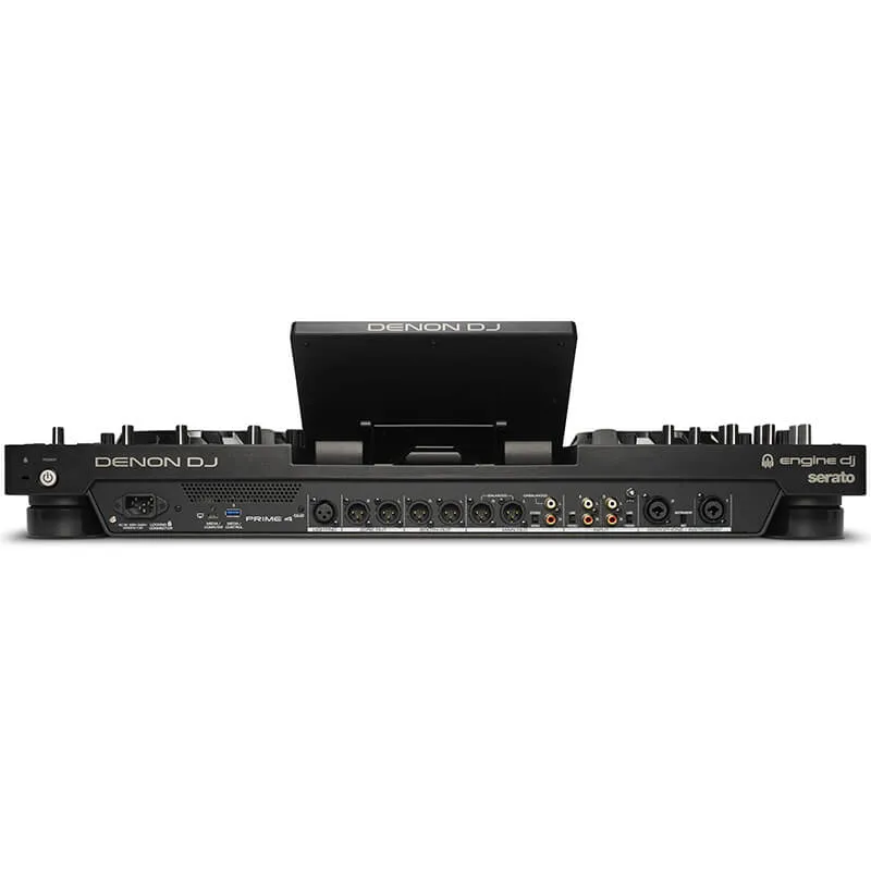 Panel posterior de conexiones del Denon DJ Prime 4 Plus mostrando salidas XLR balanceadas de máster y zona, entradas RCA, puertos USB y toma de corriente.